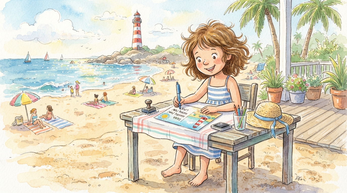 Une fillette souriante assise à une table sur une terrasse au bord de la plage, écrivant une carte postale colorée, avec un phare rayé rouge et blanc et des voiliers visibles sur la mer en arrière-plan